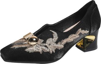 Generic Womens Square Toe Retro Pumps Shoes Embroidered Metal Design Mid Heels Slip On Casual Elegant Loafers (Black,5.5)