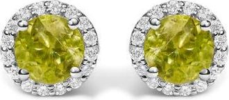 House of Brilliance 10K Gold Gemstone and 1/6 Cttw Diamond Halo Stud Earring in White | Green Peridot at Nordstrom