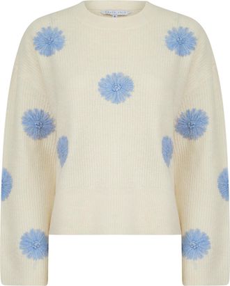 Amara Reya Womens Drop Shoulder Embroidered Crew Neck Rib Knit Jumper Ecru