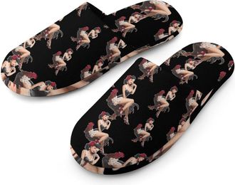 Generic Pinup Sitting on Rooster Mens Cozy Memory Foam Slippers Warm Cotton House Shoes Comfy Slipper for Indoor Outdoor