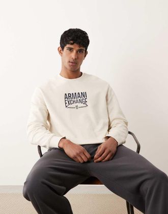 A|X Armani Exchange Felpa color panna con logo sul petto-Bianco