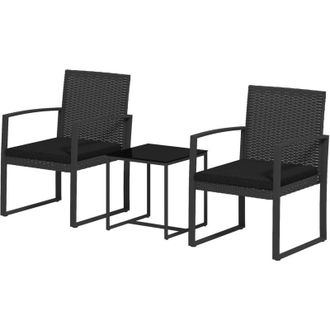 OUTSUNNY Set da Esterno 2 Poltroncine e Tavolino in Vetro Effetto Rattan Nero