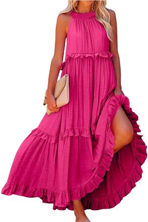 Generic Womens Summer Maxi Dresses Elegant Loose Sleeveless Vacation Dress Flowy Ruffle Boho Beach Party Long Dresses