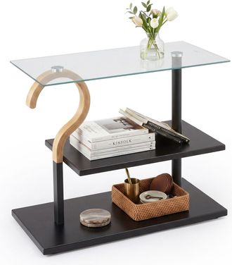 Relaxdays Mesita Auxiliar Relaxdays, 2 Baldas, (al X An X Fon) 50 X 60 X 30 Cm, Acero, Cristal, Madera, Sal&oacute;n, Negro/natural