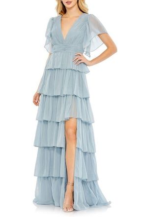 Mac Duggal Womens Flutter Sleeve Tiered Ruffle Chiffon Gown in Slate Blue at Nordstrom, Size 12