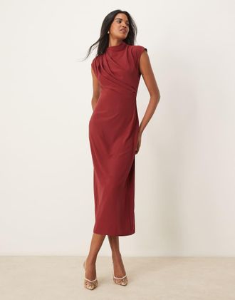 Asos high neck sleeveless midi dress with draped neck in burgundy-Red