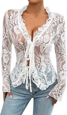 Generic V Neck T Shirts Women s Lace Crop Tops Long Sleeve Tie Up Front Solid Color Slim Fit T Shirts See Through Blouses Long Sleeve Stretch Top Womens Wareh