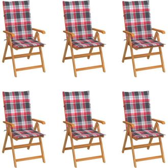 vidaXL Sillas De Jard&iacute;n 6 Uds Madera Maciza Teca Cojines Cuadros Rojos Vidaxl