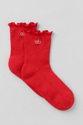 Alo | Womens Lettuce Edge Socks in Bright Red, Size: S/M (5-7.5)