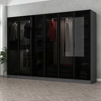Dmora Armario Grande Nogaro, Ropero Dormitorio Con Perchero, 10 Estantes, 6 Puertas, 270x210h Cm Negro Antracita