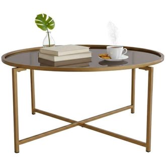 Dmora Dmora - Tavolino da salotto Cursa, Tavolo basso da caff&egrave;, Portariviste per divano, Ripiano da soggiorno, 83x83h40 cm, Oro e Tortora, con imballo