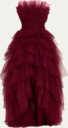 Pamella Roland Strapless Tiered Tulle High-Low Gown