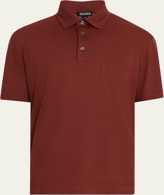 Ermenegildo Zegna Mens Cotton Polo Shirt with Leather-Trim Pocket