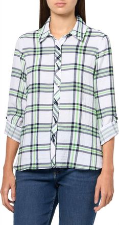 Multiples Plaid Button Down Shirt In Green, Navy, White