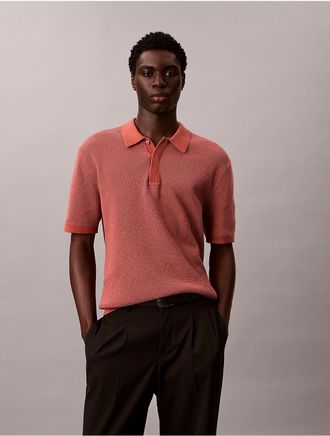 Calvin Klein Mens Smooth Cotton Waffle Sweater Polo Shirt - Orange - 2XL