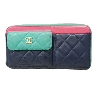 Chanel Navy Pink Grained Calfskin Long Wallet (Bi-Fold) (Pre-Owned)