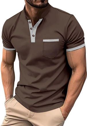 Generic Big and Tall T Shirts for Men UK Summer Short Sleeve Solid Color Stylish Round Neck Henley Shirt with Pocket Button down Casual Shirts Breathable Ligh