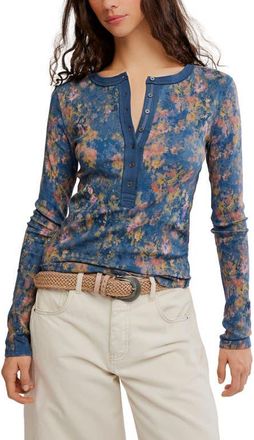 Free People Jamie Printed Henley Tee in Floral Haze - Navy at Nordstrom, Size X-Small