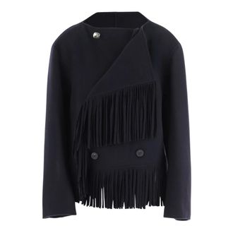 Carven Jassen, Dames, Blauw, XS, Wol, Wol en kasjmier jas met franjes en dubbele sluiting