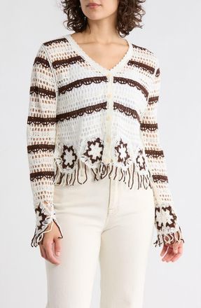 Forgotten Grace Floral Open Knit Button-Up Sweater in Dark Brown/Natural at Nordstrom Rack, Size X-Large
