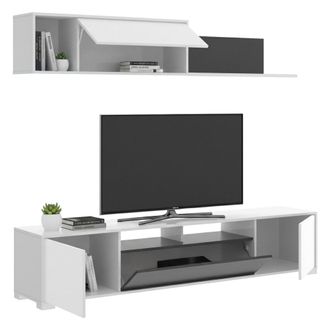Dmora Dmora - Mueble Alto Gruf, Conjunto De Sal&oacute;n Con Soporte Tv, Mueble De Sal&oacute;n Polivalente, 200x41h180 Cm, Blanco Y Antracita
