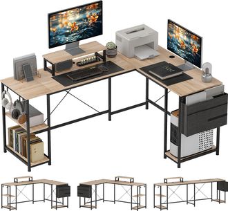 HOMCOM Homcom Escritorio Esquinero Reversible En L, Largo 168-240 Cm, Industrial. Con Soporte Monitor Y Cpu, Estanter&iacute;a, Bolsillo Lateral, Ganchos, Natural