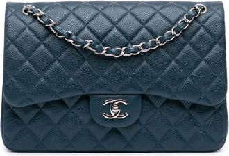 Chanel Borsa a spalla Classic Double Flap Jumbo con pelle Caviar iridescente 2014-2015 - Blu