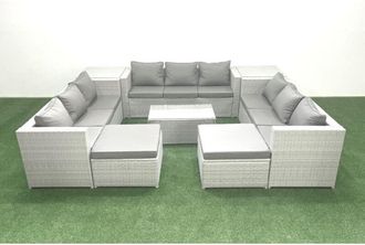 Fimous Rattan Garden Outdoor Furniture Set 11 Seater Garden Sofa Coffee Table Set with 2 Big Footstools 2 Side Tables Light Grey Mixed - Fimous