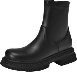 Generic Womens Round Toe Ankle Boots Smooth PU Leather Upper Non Slip Wear Resistant Chunky Sole Side Zipper Elastic Panel Comfortable Stylish For Daily Commu