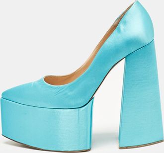 Georges Hobeika Blue Satin Platform Block Heel Pumps