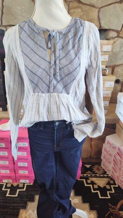 Hem & Thread Womens Tie Front Striped Blouse In Blue