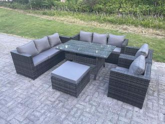 Fimous Outdoor Lounge Sofa Garden Furniture Set Patio Rattan Dining Table 2 Armchair Big Footstool 9 Seater in Dark Grey