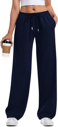 Generic Womens Wide Leg Sweatpants Straight Leg Low Rise Baggy Sweat Pants Drawstring Low Waist Fall Pants with Pockets, Navy Blue, S