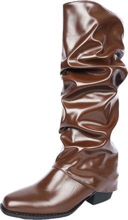 Generic Womens Knee High Boots Pleated Solid Color Pointed Toe PU Leather Mid Calf Booties Fold Over Low Chunky Heel Non-Slip Fashionable Casual Waterproof Tr