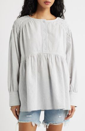 Free People Alana Linen & Cotton Blend Babydoll Tunic in Blue And White Combo at Nordstrom, Size X-Small