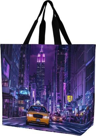 Generic New York City Street Reusable Shopping Bags One Shoulder Grocery Tote Bag Waterproof Big Purse for Work Travel