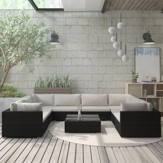 vidaXL Set De Muebles De Jard&iacute;n 9 Pzas Y Cojines Rat&aacute;n Sint&eacute;tico Negro Vidaxl