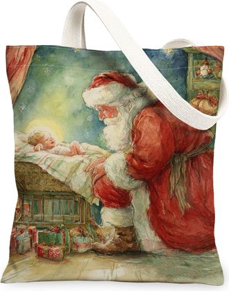 Generic Christmas Santa Canvas Tote Bags, Festive Reusable Grocery Bags, Vintage Lightweight Washable Shoulder Strap for Travel, Red, 13x15 Inch