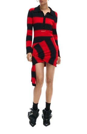 Desigual Stripe Side Drape Long Sleeve Minidress in Red at Nordstrom, Size X-Large