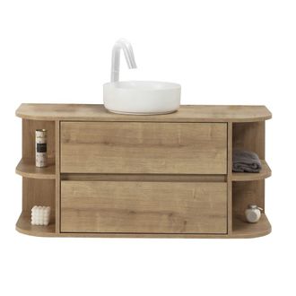 Els Banys Conjunto ba&ntilde;o 120 cm roble. Con espejo led, lavabo cer&aacute;mica blanco