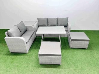 Fimous Rectangular Dining Table Sofa Set with 2 Big Stool Side Table in Light Grey