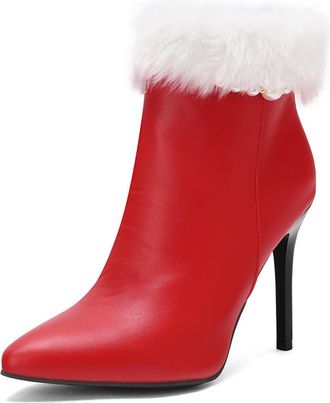 Generic Womens Elegant Pointed Toe PU Leather Ankle Boots with Fluffy Fur Trim Pearl Detail Stiletto Heels Comfortable Anti-Slip Wear-Resistant for Daily Casu