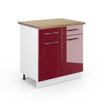 Vicco Mueble Bajo De Cocina Fame-line, Rojo Burdeos Alto Brillo, 80 Cm, Et Roble