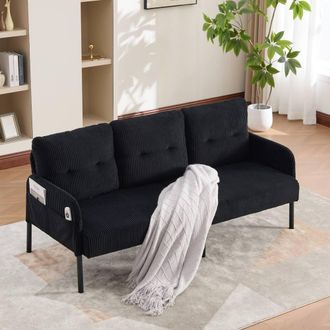 Direct Wicker Oversized Loveseat, Double-Seater Corduroy Couch with Side Pockets in Black | Size: 1 Pack