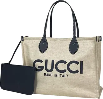 Gucci Ivory Navy Canvas Leather Tote Bag (Pre-Owned)