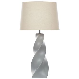 Beliani L&aacute;mpara De Mesa De Cer&aacute;mica Gris Pantalla De Tela Blanco 71 Cm Mesa De Noche Cl&aacute;sico Belaya