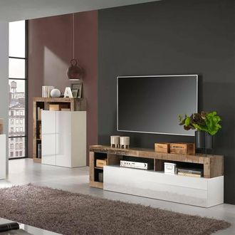 Dmora Dmora - Mueble De Sal&oacute;n Con Soporte Para Tv Moderno Con Estantes, Aparador Bajo Con Puerta Abatible, Made In Italy, 184x58xh42 Cm, Color Blanco Y Pera