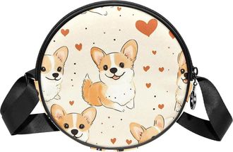Generic Circle Crossbody Bag for Women, Corgi Dogs Heart Small Sling Bag Daypack with Zipper Adjustable Shoulder Straps Casual Ladies Girls Round Purse
