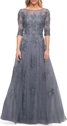 La Femme Lace and Tulle A-line Gown with Three Quarter Sleeves in Slate at Nordstrom, Size 18