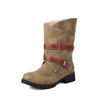 Generic Womens Mid-Calf Boots Buckle Strap Distressed Faux Leather Round Toe Low Block Heel Lug Sole Reinforced Stitching Durable Design,Green,7.5 UK